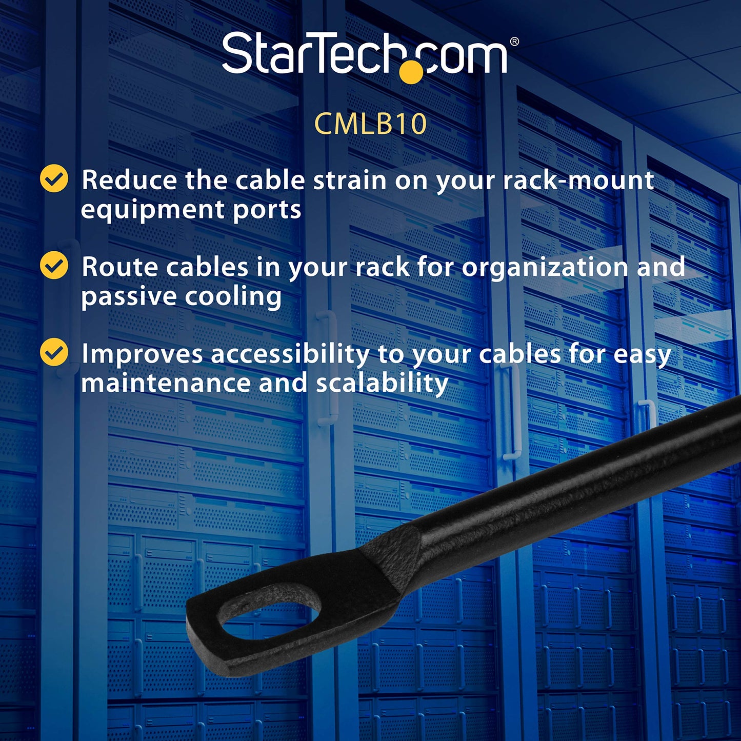 StarTech 10-Pack Horizontal Lacing Bar with 2in (5.1cm) Offset at 75 Degrees, Server Rack Cable Management, 19" Network Rack-Mount Cord Organizer, TAA