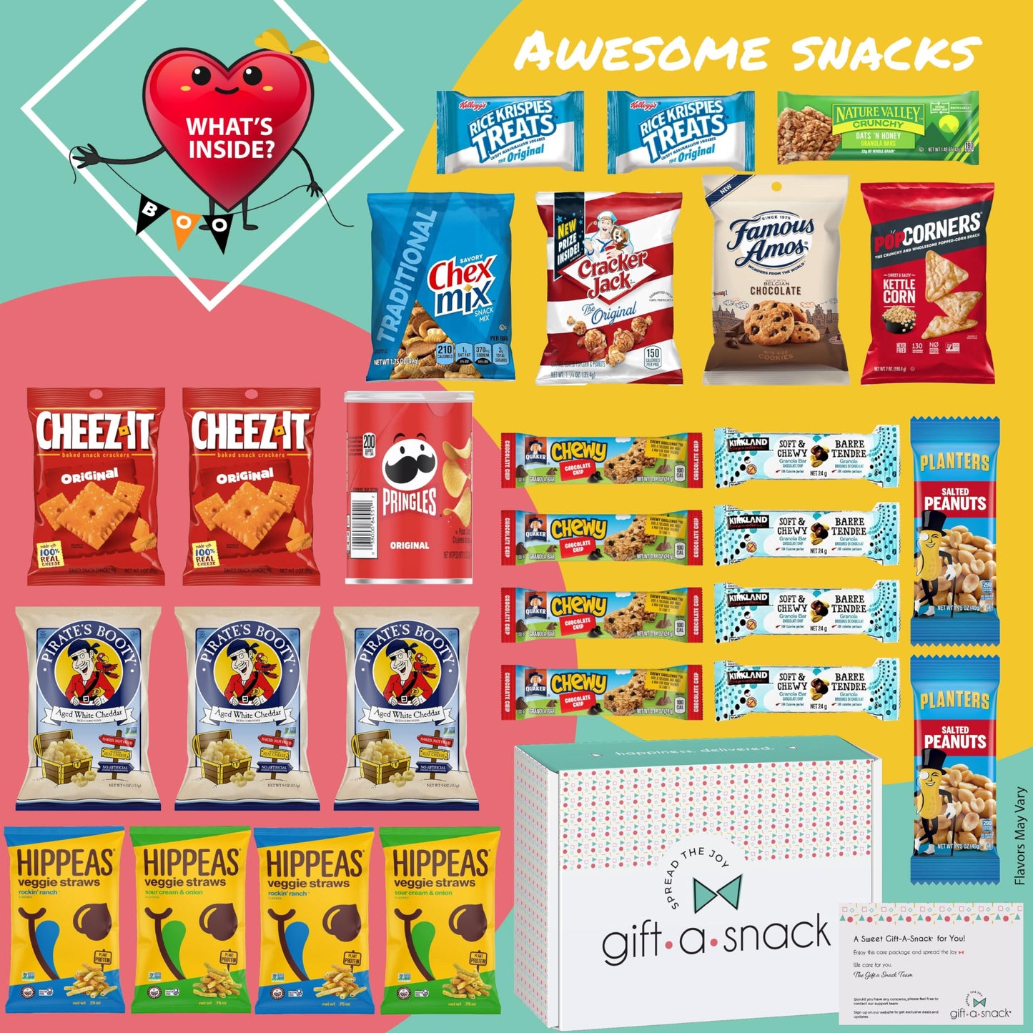 Gift A Snack - Fathers Day Treats Snack Box Variety Pack Care Package + Greeting Card (40 Count) Birthday Sweet Treats Gift Basket, Candies Chips Crackers Bars Office Food Assortments & Variety Gifts
