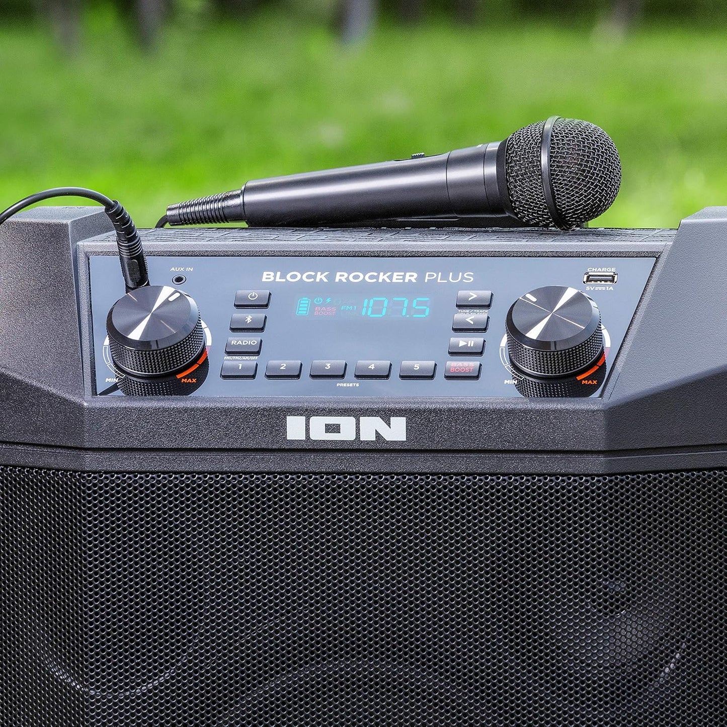 ION Block Rocker Plus - 100W Bluetooth Outdoor Speaker with Rechargeable Battery, Karaoke Microphone, Radio, Wheels, Telescopic Handle & USB Charging