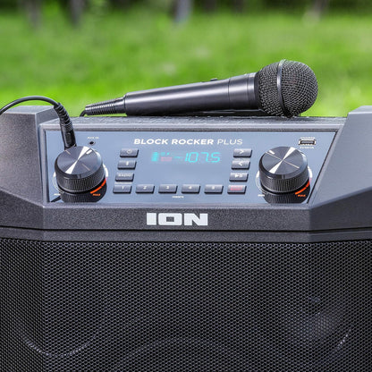 ION Block Rocker Plus - 100W Bluetooth Outdoor Speaker with Rechargeable Battery, Karaoke Microphone, Radio, Wheels, Telescopic Handle & USB Charging