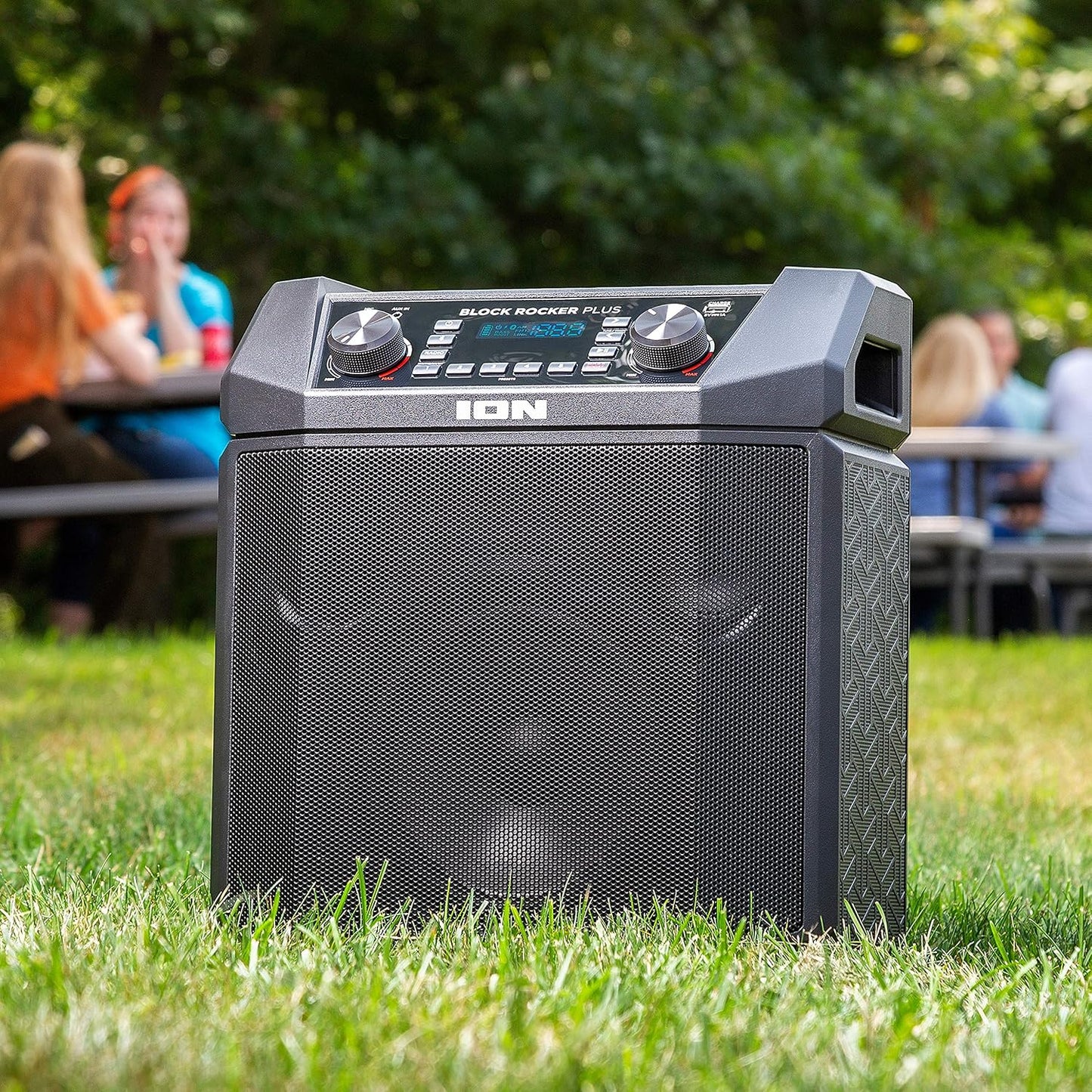 ION Block Rocker Plus - 100W Bluetooth Outdoor Speaker with Rechargeable Battery, Karaoke Microphone, Radio, Wheels, Telescopic Handle & USB Charging