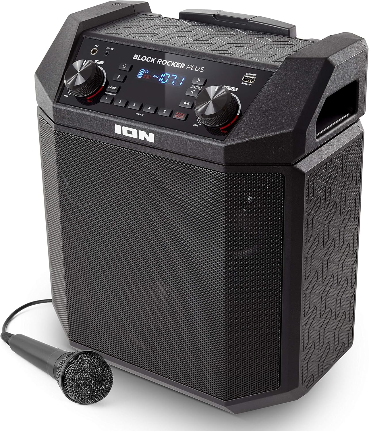 ION Block Rocker Plus - 100W Bluetooth Outdoor Speaker with Rechargeable Battery, Karaoke Microphone, Radio, Wheels, Telescopic Handle & USB Charging