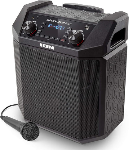 ION Block Rocker Plus - 100W Bluetooth Outdoor Speaker with Rechargeable Battery, Karaoke Microphone, Radio, Wheels, Telescopic Handle & USB Charging